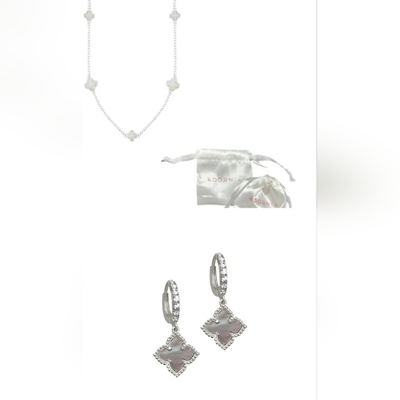 Adornia Clover Silver Mother Of Pearl Necklace And Dangle Earrings NIB